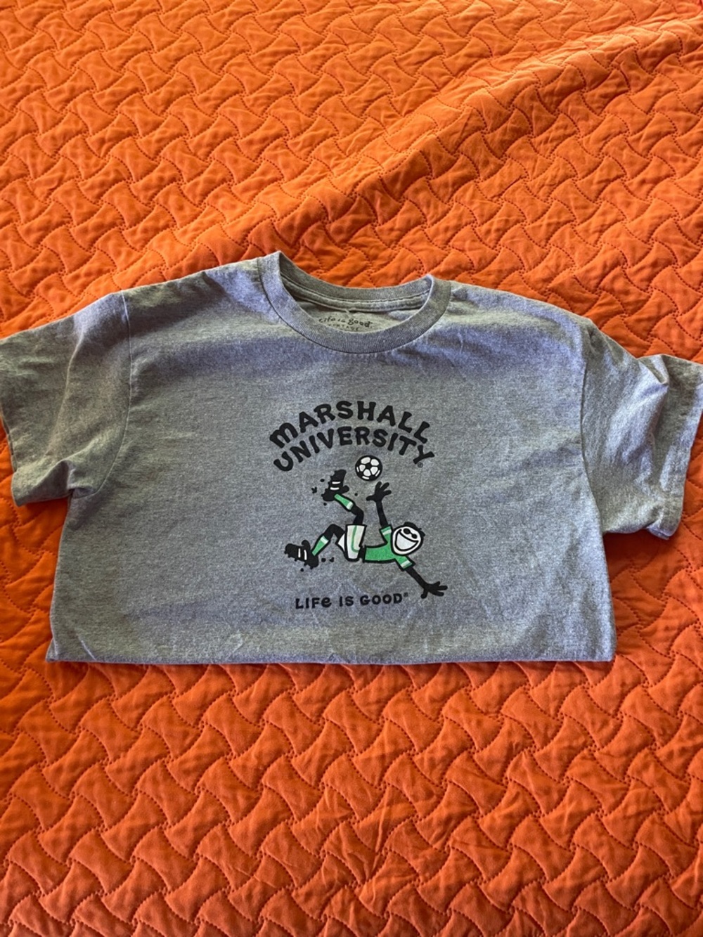 Life Is Good Marshall University Gray Tee with Green Soccer Graphic